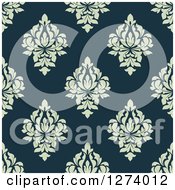 Poster, Art Print Of Seamless Background Pattern Of Green Damask Floral On Teal