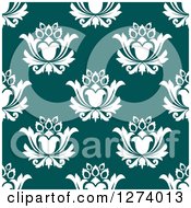 Poster, Art Print Of Seamless Background Pattern Of White Damask Floral On Teal