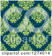 Poster, Art Print Of Seamless Background Pattern Of Green Damask Floral On Teal
