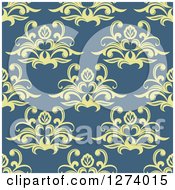 Poster, Art Print Of Seamless Background Pattern Of Yellow Damask Floral On Blue