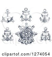 Poster, Art Print Of Navy Blue Nautical Anchors And A Helm
