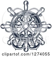 Clipart Of Navy Blue Nautical Anchors Rope And A Helm Royalty Free Vector Illustration