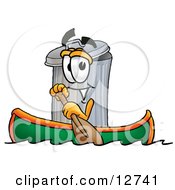Garbage Can Mascot Cartoon Character Rowing A Boat