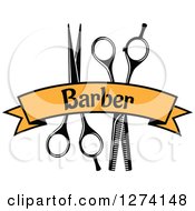 Clipart Of A Barber Scissors And A Yellow Text Banner Royalty Free Vector Illustration