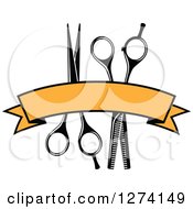 Clipart Of A Barber Scissors And A Blank Yellow Banner Royalty Free Vector Illustration