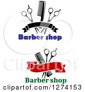 Poster, Art Print Of Barber Shop Text With Banners Combs And Scissors
