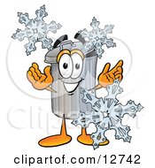 Garbage Can Mascot Cartoon Character With Three Snowflakes In Winter
