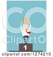 Clipart Of A Senior Caucasian Businessman Holding Up A Trophy On A Podium Over Blue Royalty Free Vector Illustration