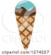 Clipart Of A Blue And Chocolate Dipped Waffle Ice Cream Cone Royalty Free Vector Illustration