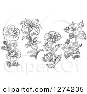 Clipart Of Black And White Poppy Dogwood And Lily Designs Royalty Free Vector Illustration