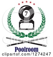 Poster, Art Print Of Billiards Seven Ball Trophy In A Green Wreath With Red Stars Above Crossed Cue Sticks And Text