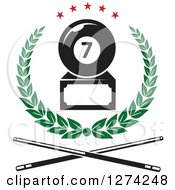 Clipart Of A Billiards Seven Ball Trophy In A Green Wreath With Red Stars Above Crossed Cue Sticks Royalty Free Vector Illustration