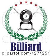 Billiards Seven Ball Trophy Over Crossed Cue Sticks In A Green Wreath With Red Stars Over Text