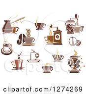 Clipart Of Brown Coffee Cups Grinders And Beans Royalty Free Vector Illustration by Vector Tradition SM