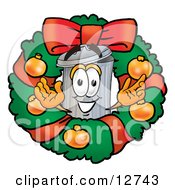 Garbage Can Mascot Cartoon Character In The Center Of A Christmas Wreath