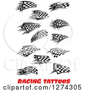Clipart Of Black And White Tribal Checkered Racing Flags And Text Royalty Free Vector Illustration