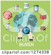 Poster, Art Print Of Hand Searching The Globe With Icons And Text On Green
