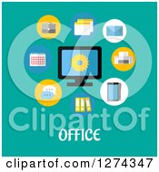 Poster, Art Print Of Computer With Icons And Office Text On Turquoise