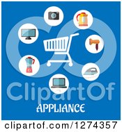 Shopping Cart With Household Items And Appliance Text On Blue