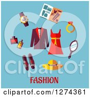 Dress Coat And Fashion Accessories Over Text On Blue