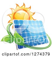 Shining Sun And Solar Panel Encircled With A Swoosh And Green Leaves