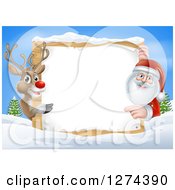 Poster, Art Print Of Red Nosed Reindeer And Santa Pointing Around A Christmas Wood Sign On A Winter Day