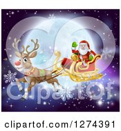 Poster, Art Print Of Santa Waving While Flying In A Sleigh Led By Rudolph The Red Nosed Reindeer With Snowflakes And A Full Moon
