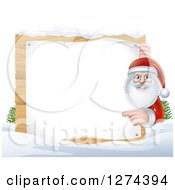 Clipart Of Santa Claus Smiling And Pointing Around A Blank Christmas Sign In The Snow Royalty Free Vector Illustration by AtStockIllustration
