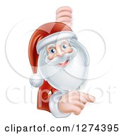 Clipart Of Santa Smiling And Pointing Around A Christmas Sign Royalty Free Vector Illustration