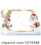 Poster, Art Print Of Red Nosed Reindeer And Santa Pointing Around A Christmas Wood Sign In The Snow