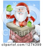 Poster, Art Print Of Santa Claus In A Roof Top Chimney Smiling And Waving On Christmas Eve With Snowflakes