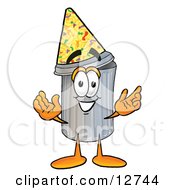 Poster, Art Print Of Garbage Can Mascot Cartoon Character Wearing A Birthday Party Hat