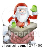 Poster, Art Print Of Santa Claus In A Roof Top Chimney Smiling And Waving On Christmas Eve