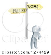 Clipart Of A 3d Silver Man Looking Up At Failure And Success Option Street Signs Royalty Free Vector Illustration by AtStockIllustration