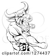 Black And White Angry Muscular Bull Or Minotaur Man Mascot Punching