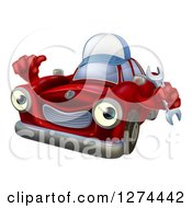 Happy Red Car Character Wearing A Hat Holding A Wrench And Thumb Up