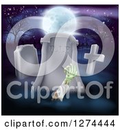 Clipart Of A Halloween Background Of A Zombie Hand Rising Out From A Grave In A Cemetery Under A Full Moon Royalty Free Vector Illustration