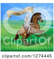 Poster, Art Print Of Horseback Medieval Knight In Armor Riding With A Banner In A Lush Landscape Ona Rearing Horse