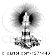 Clipart Of A Black And White Shining Engraved Lighthouse Royalty Free Vector Illustration