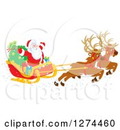 Poster, Art Print Of Two Magic Christmas Reindeer Flying Santa Claus In His Sleigh