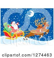 Poster, Art Print Of Two Magic Christmas Reindeer Flying Santa Claus In His Sleigh On A Snowy Winter Night With A Happy Crescent Moon