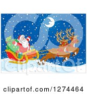 Poster, Art Print Of Two Magic Christmas Reindeer Flying Santa In His Sleigh On A Snowy Winter Night With A Happy Crescent Moon