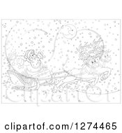 Clipart Of Two Black And White Magic Christmas Reindeer Flying Santa In His Sleigh On A Snowy Winter Night With A Happy Crescent Moon Royalty Free Vector Illustration