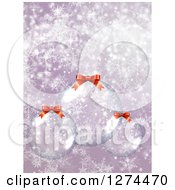 Poster, Art Print Of Christmas Background With 3d Suspended Clear Glass Baubles Over Purple With Snowflakes