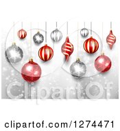 Poster, Art Print Of Christmas Background With 3d Suspended Silver And Red Baubles Over Snowflakes