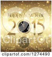 Poster, Art Print Of 3d Gold 2015 Happy New Year Greeting With A Clock Over Gold Snowflakes Stars And Flares
