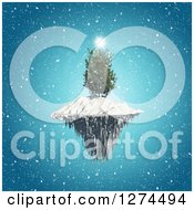 Clipart Of A 3d Floating Island With Snow And A Christmas Tree Over Blue Royalty Free Illustration by KJ Pargeter