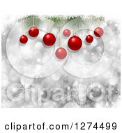 Poster, Art Print Of Background Of 3d Red Christmas Baubles Suspended From Branches Over Silver Bokeh And Snowflakes
