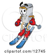 Clipart Picture Of A Garbage Can Mascot Cartoon Character Skiing Downhill