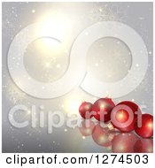 Poster, Art Print Of Christmas Background Of 3d Red Baubles Over Silver With Gold Snowflakes And Flares